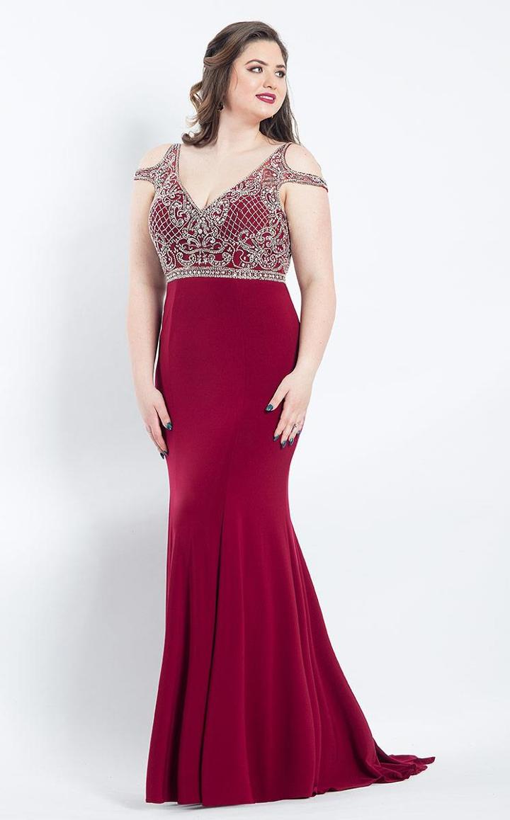 Rachel Allan Curves - 6308 Cold Shoulder Beaded Jersey Gown