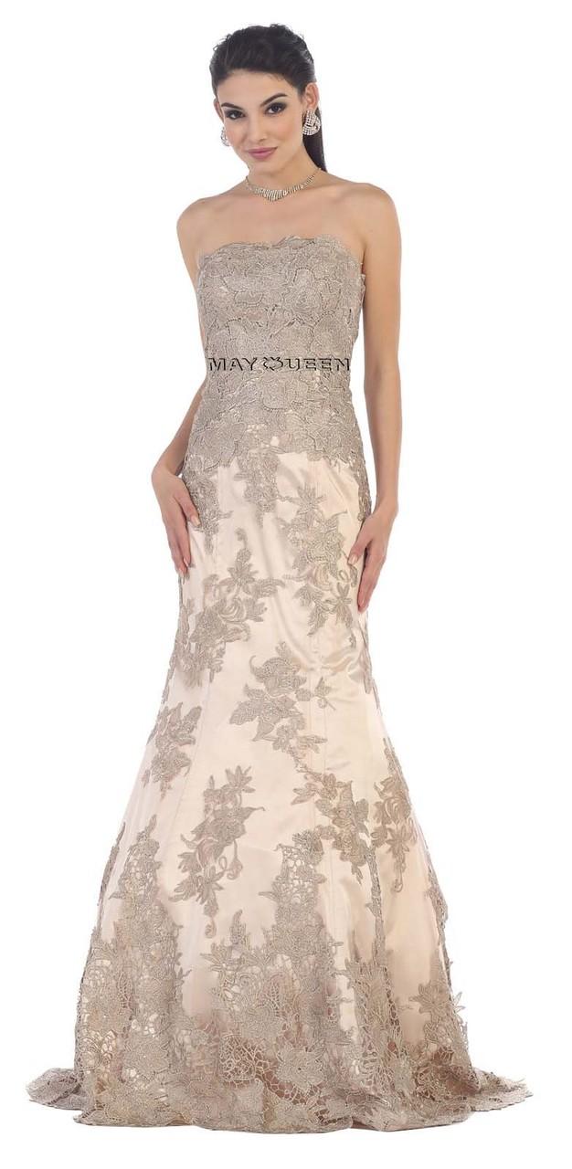 Strapless Beaded Lace Applique Mermaid Dress