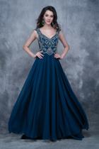 Nina Canacci - 1368 Bejeweled V-neck A-line Dress