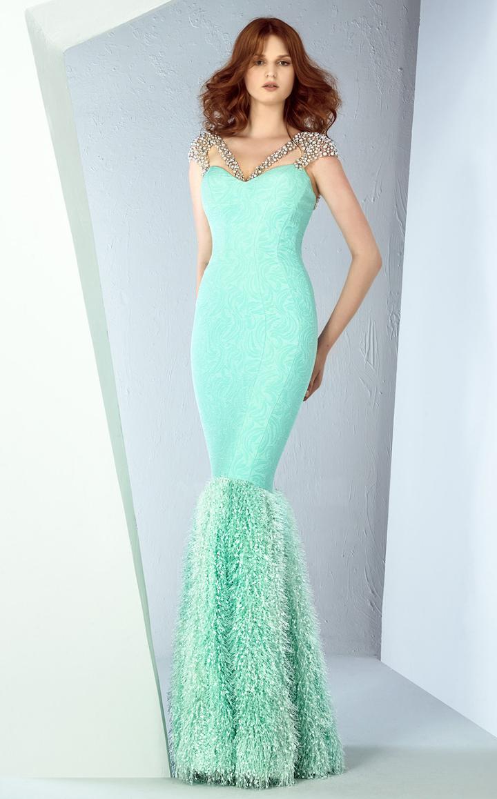 Mnm Couture - G0876 Cap Sleeve Jewel Ornate Fringed Mermaid Gown