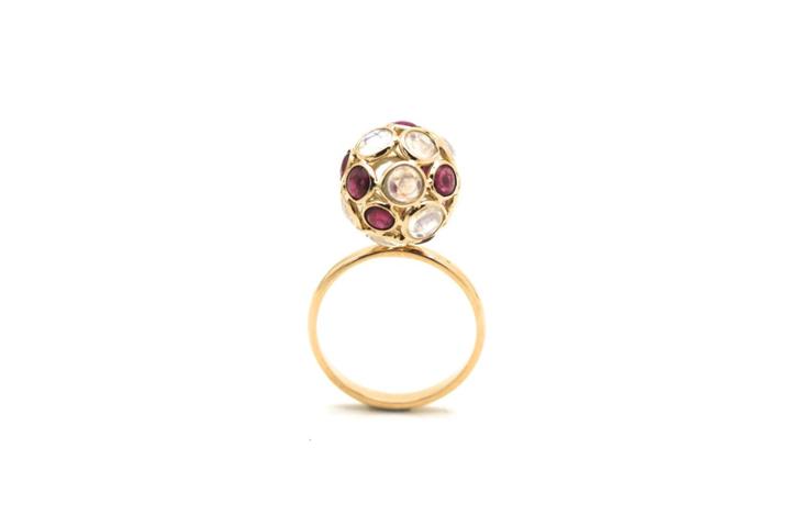 Tresor Collection - Rainbow Moonstone And Pink Tourmaline Ball Ring In 18k Yellow Gold