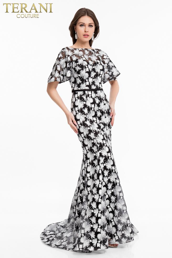 Terani Couture - 1822e7309 Printed Flutter Sleeve Bateau Trumpet Dress