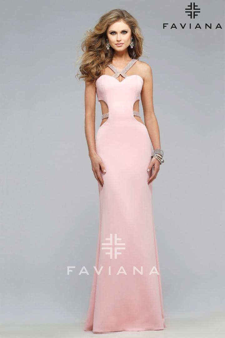 Faviana - Embellished Halter Neoprene Evening Gown With Side Cut-outs 7702