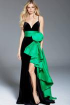 Jovani - 60319 Ruffled Sash Accented High Slit Velvet Gown