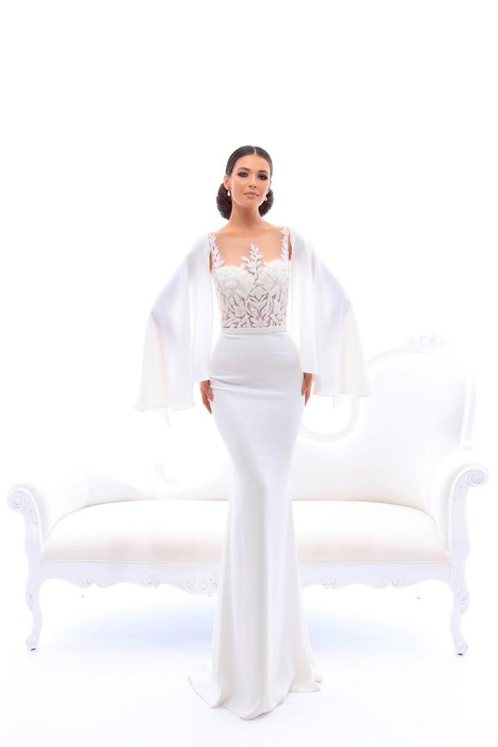 Tarik Ediz - 93458 Cape Sleeve Trailing Beadwork Sheath Gown