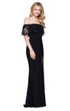 Faviana - Off-shoulder Lace Jersey Dress In Black S7937