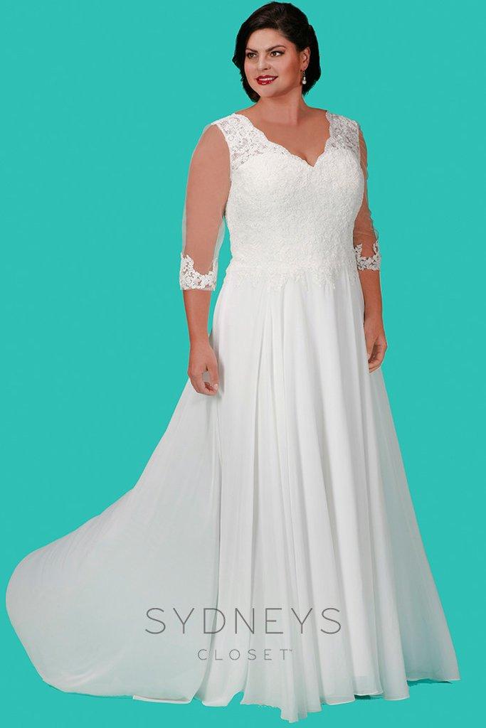 Sydney's Closet - Long Embroidered Lace Dress With Quarter Length Sleeves Sc5207