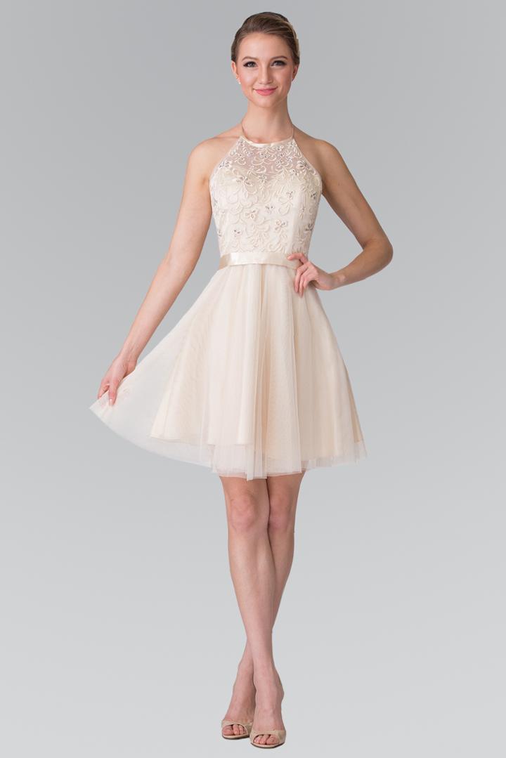 Elizabeth K - Embroidered Halter Neck A-line Dress Gs1465