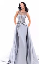 Tarik Ediz - 93342 Sheer Neck Bejeweled Satin Sheath Gown