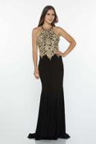 Milano Formals - E2442 Gilded Halter Lace Applique Jersey Gown