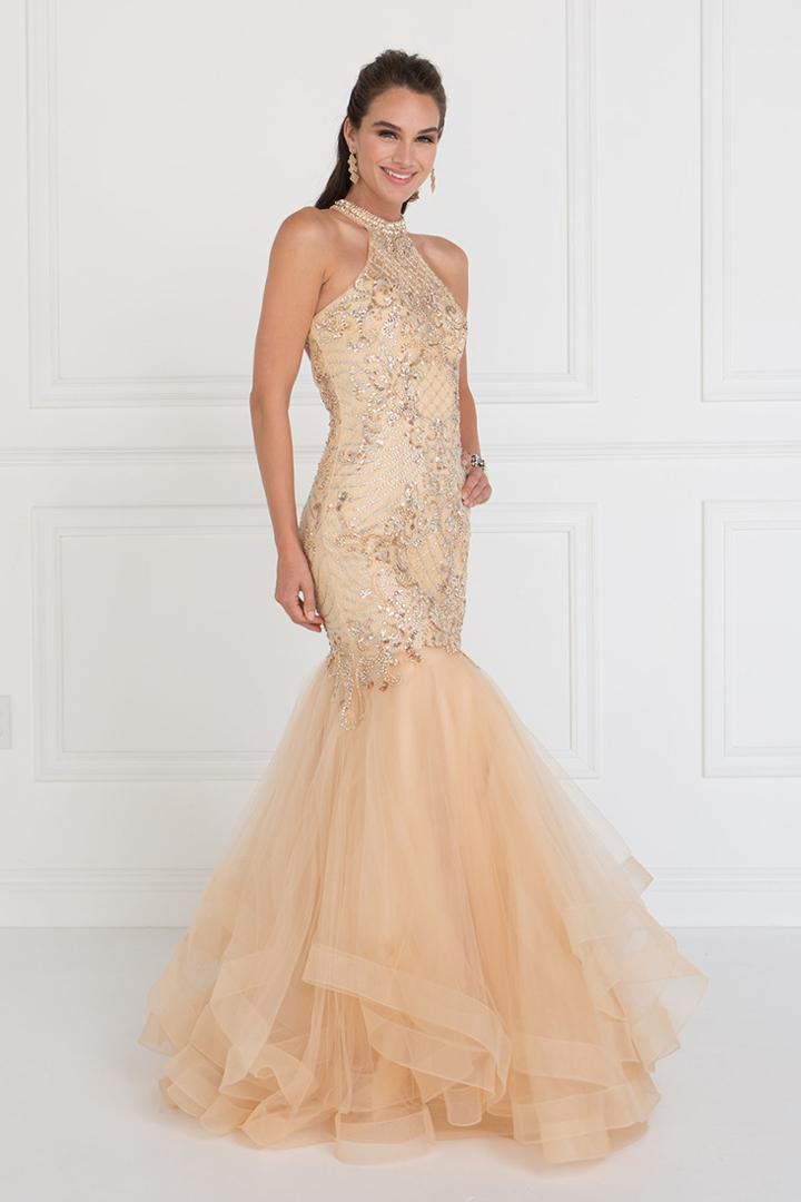 Elizabeth K - Gl1512 Fitted High Halter Tulle Trumpet Gown