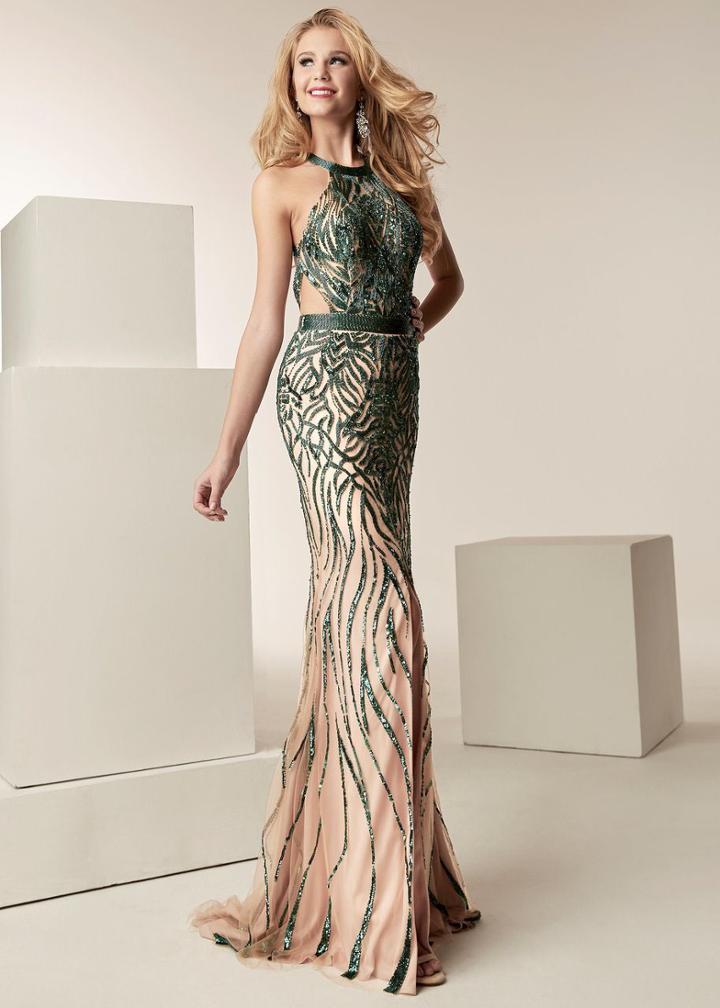 Jasz Couture - 6223 High Halter Contrast Adorned Cutout Sheath Gown