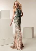 Jasz Couture - 6223 High Halter Contrast Adorned Cutout Sheath Gown