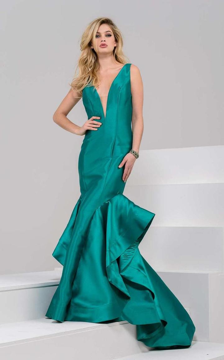 Jovani - 39814 Deep V-neck Ruffled Mermaid Dress