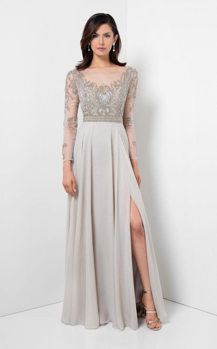 Terani Evening - Beaded Detailed Bodice Sheer Long Sleeve 1711m3401