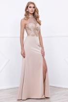 Beaded Embellished Halter Illusion Long Gown With Slit