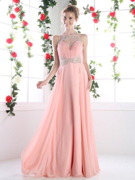 Cinderella Divine - Embellished Illusion Bateau Chiffon A-line Dress