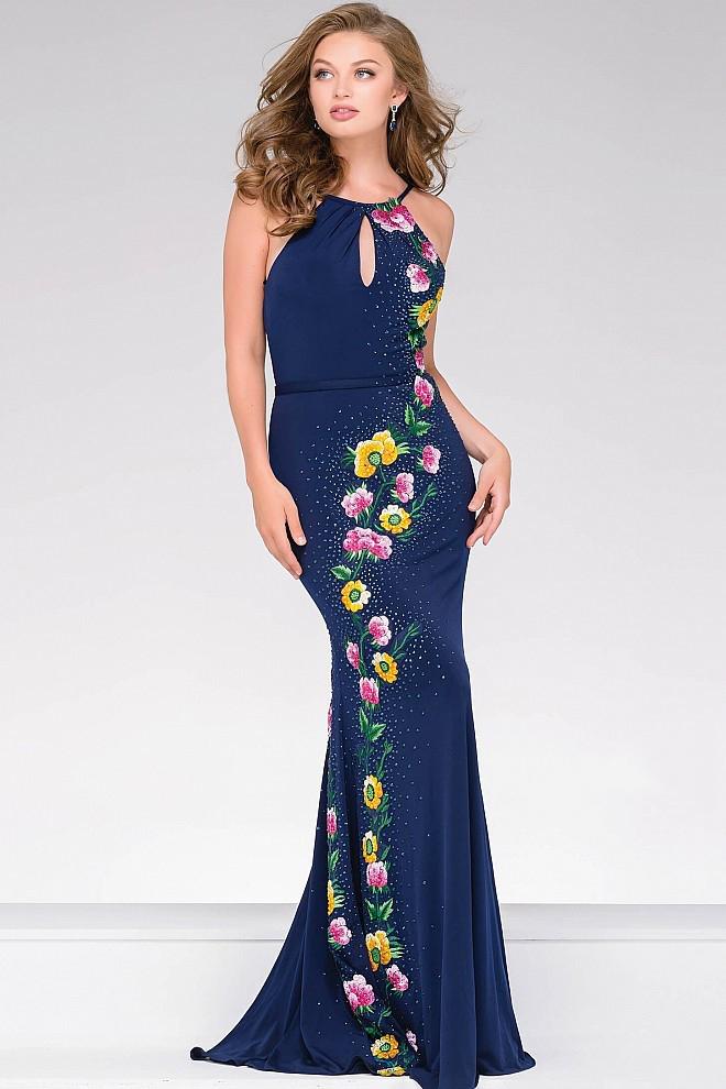 Jovani - Jersey Prom Dress With Floral Appliques 42348