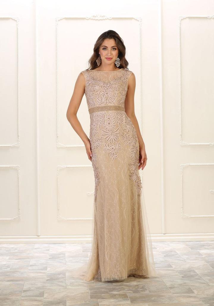 May Queen - Rq7524 Bedazzled Sheer Bateau Sheath Dress