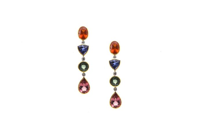Tresor Collection - Multicolor Tourmaline, Mandarine Garnet, Tanzanite And Diamond Earing In 18kt Yellow Gold