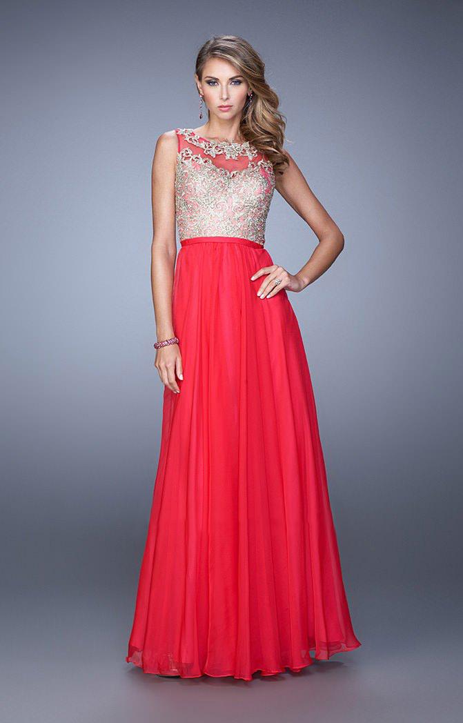 La Femme - 21503 Embroidered Illusion Bateau A-line Dress