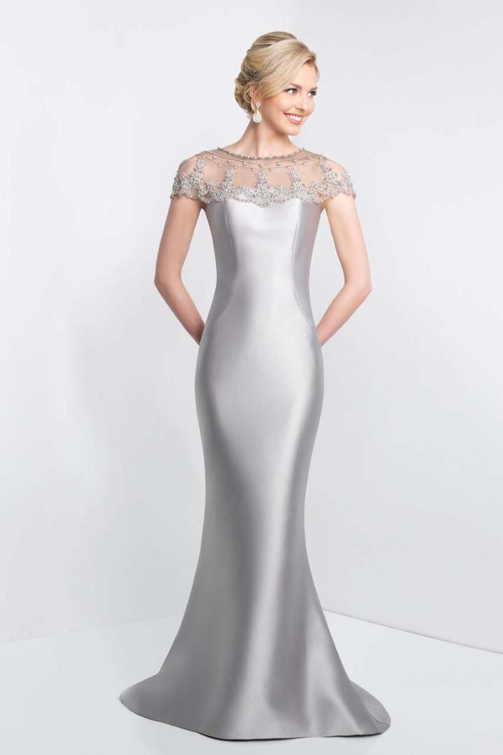 Blush - S2008 Short Sleeve Beaded Mikado Sheath Gown