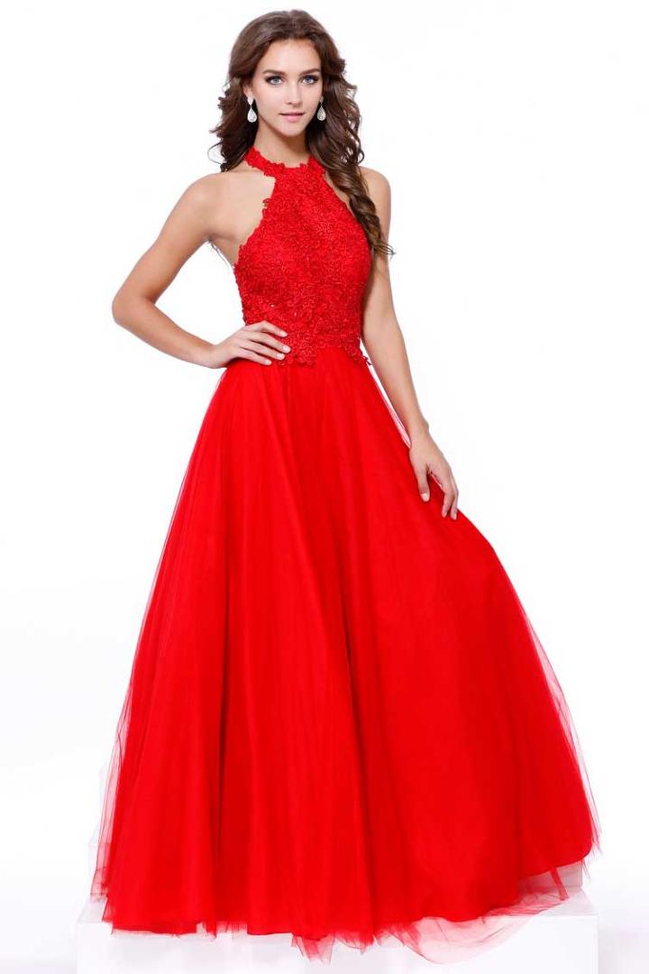 Lace Embroidered Bodice Halter Longer Gown