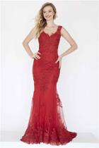 Jolene Collection - 18107 Beaded Lace V-neck Fitted Dress