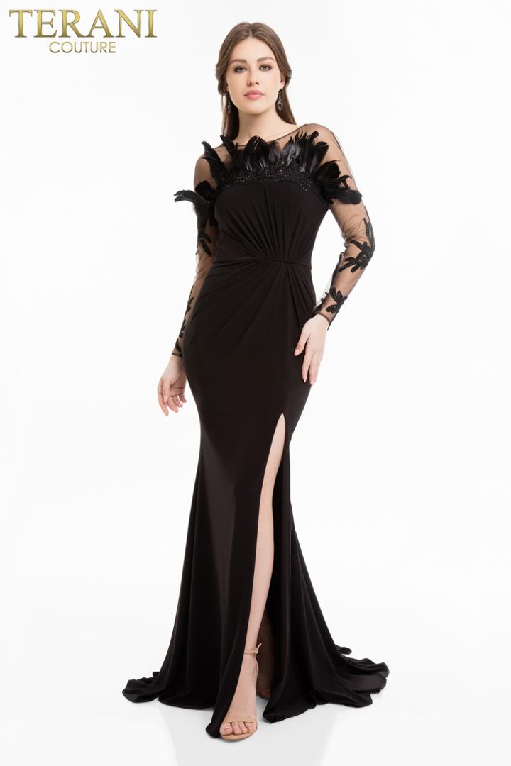 Terani Couture - 1821e7108 Feathered Fitted Evening Gown With Slit