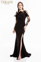 Terani Couture - 1821e7108 Feathered Fitted Evening Gown With Slit