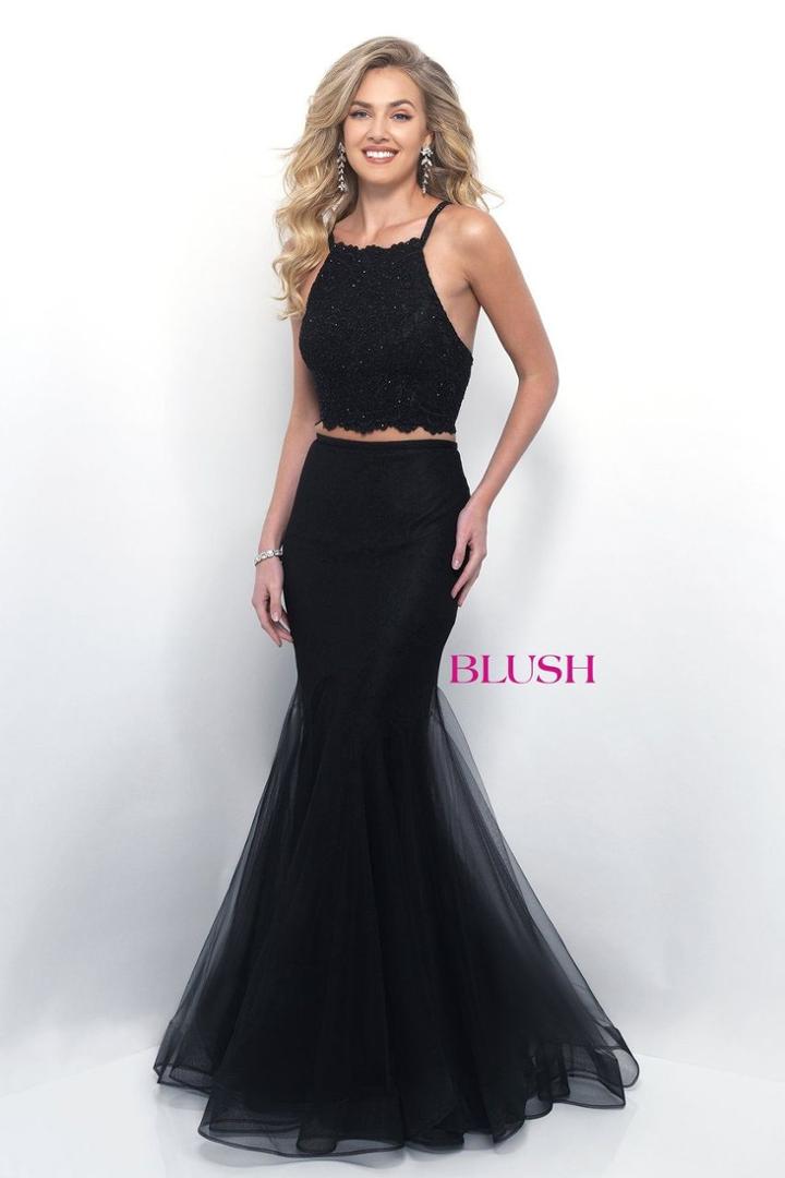 Blush - Two-piece Beaded Halter Neck Trumpet Dress 11224
