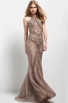 Jovani - High Halter Lace Tulle Sheath Dress 41612