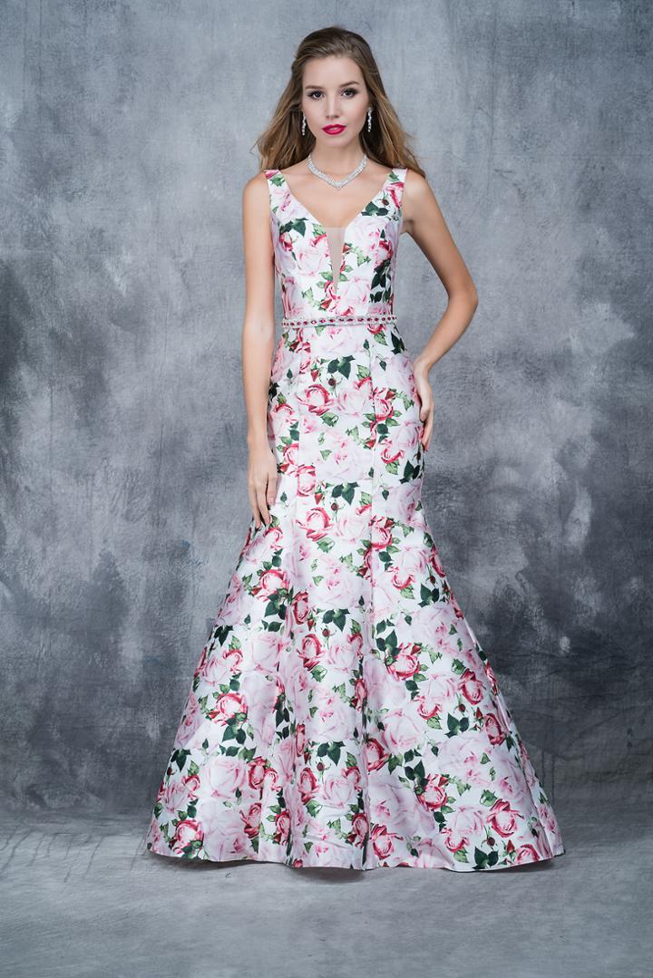 Nina Canacci - 1393 Floral Print Deep V-neck Mermaid Dress