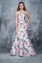 Nina Canacci - 1393 Floral Print Deep V-neck Mermaid Dress