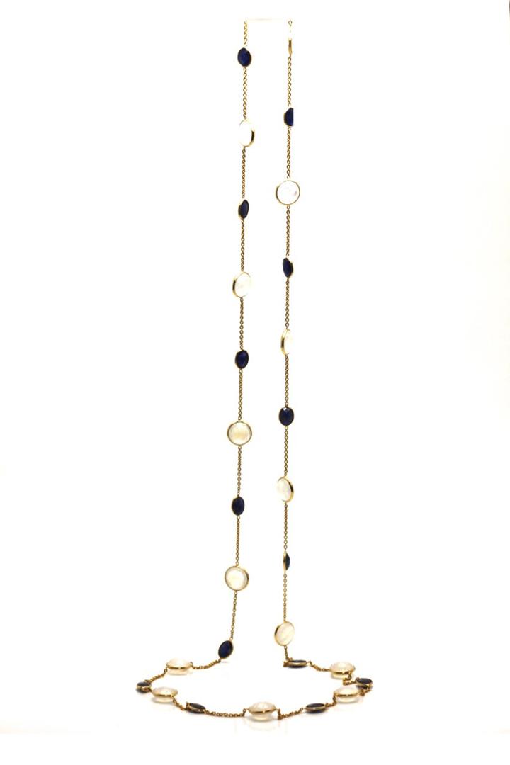 Tresor Collection - Blue Sapphire & Rainbow Moonstone Long Necklace In 18k Yellow Gold