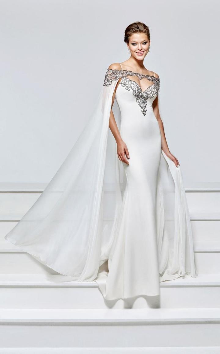 Tarik Ediz - Thin Strapped Fitted Gown With Cape 93153