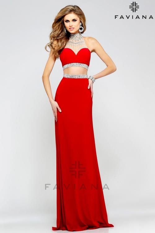 Faviana - Embellished Two Piece A-line Gown In Red S7511