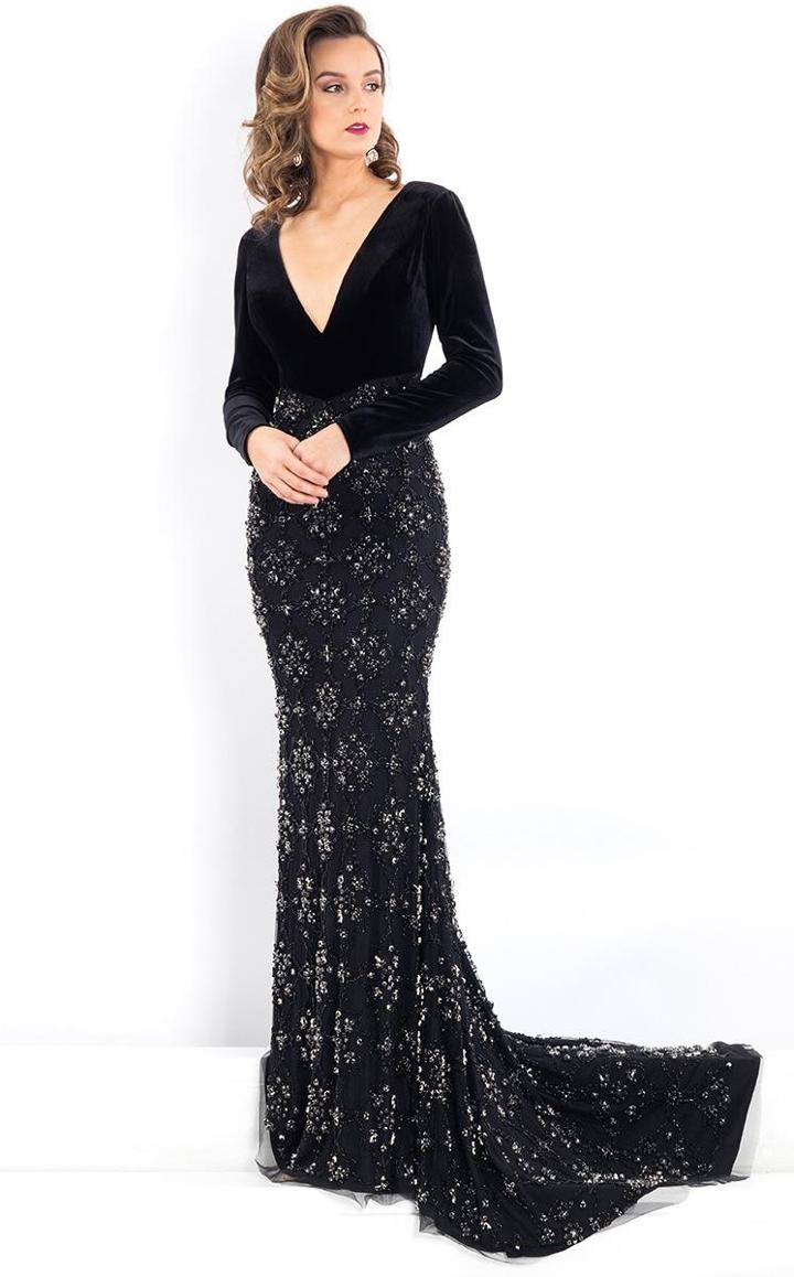 Rachel Allan Prima Donna - 5952 Long-sleeved Velvet Beaded Sheath Gown