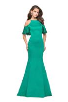 La Femme - 26145 Lace Trimmed High Halter Satin Mermaid Gown