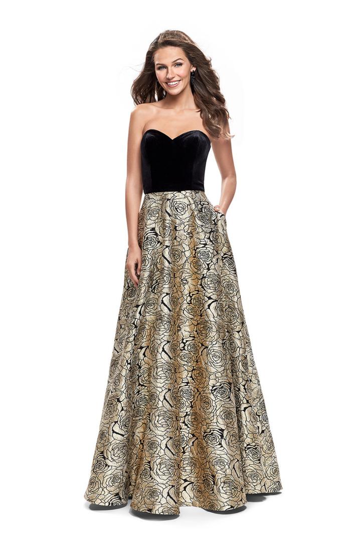 La Femme - 25581 Velvet Sweetheart Neck Floral A-line Gown