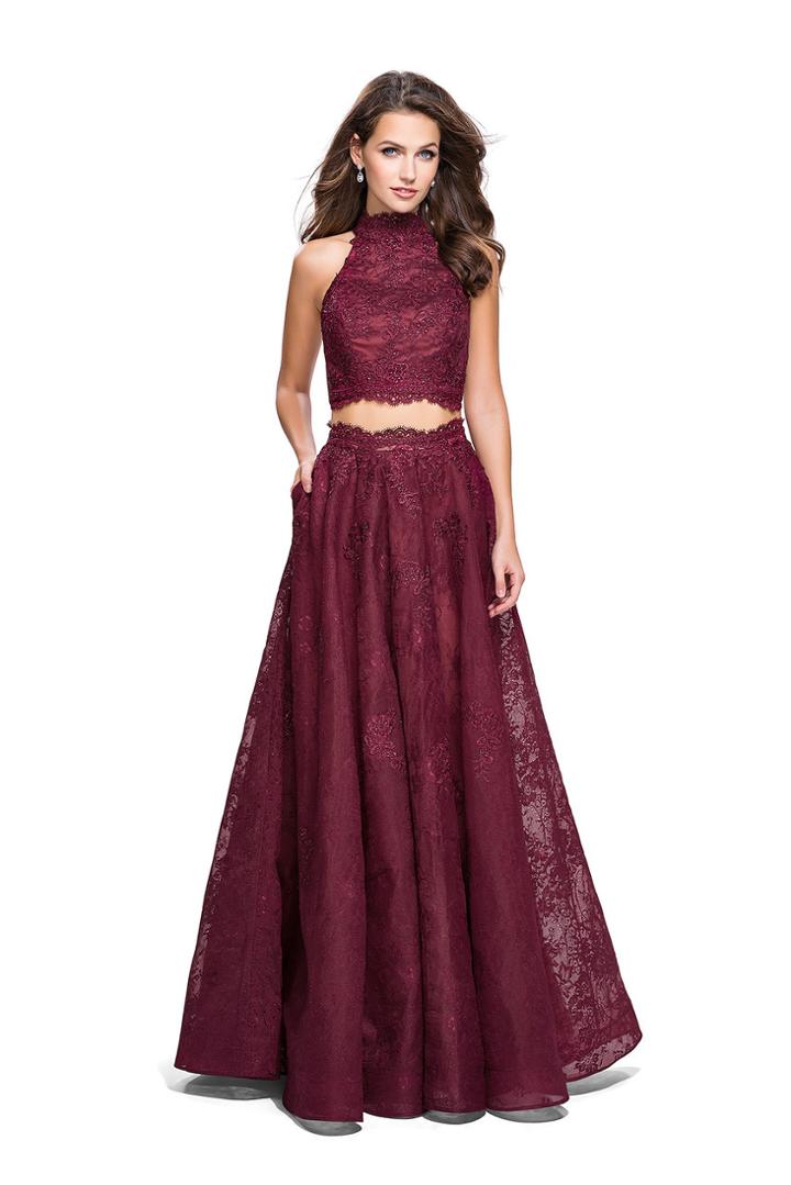 La Femme - 26103 Two Piece Lace High Halter A-line Dress