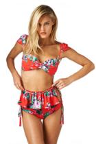 Montce Swim - Red Floral Cabana Top X Cabana Ruffle Short Bottom Bikini Set