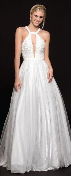 Colors Dress - 1949 Metallic Mesh Embellished Halter Ballgown