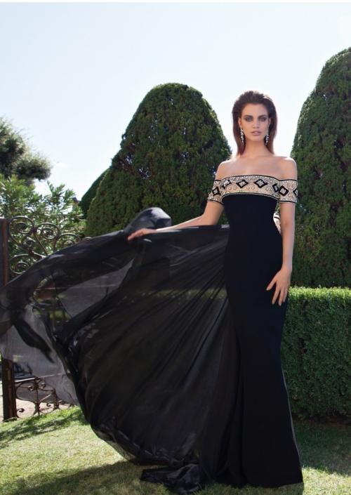 Tarik Ediz - Beaded Off-the-shoulder Neck Gown 92628