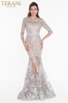 Terani Couture - 1822gl7509 Embroidered Sheer Jewel Trumpet Dress