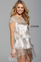 Jovani - 61709 Cap Sleeve Jewel Neck Fringe Short Dress