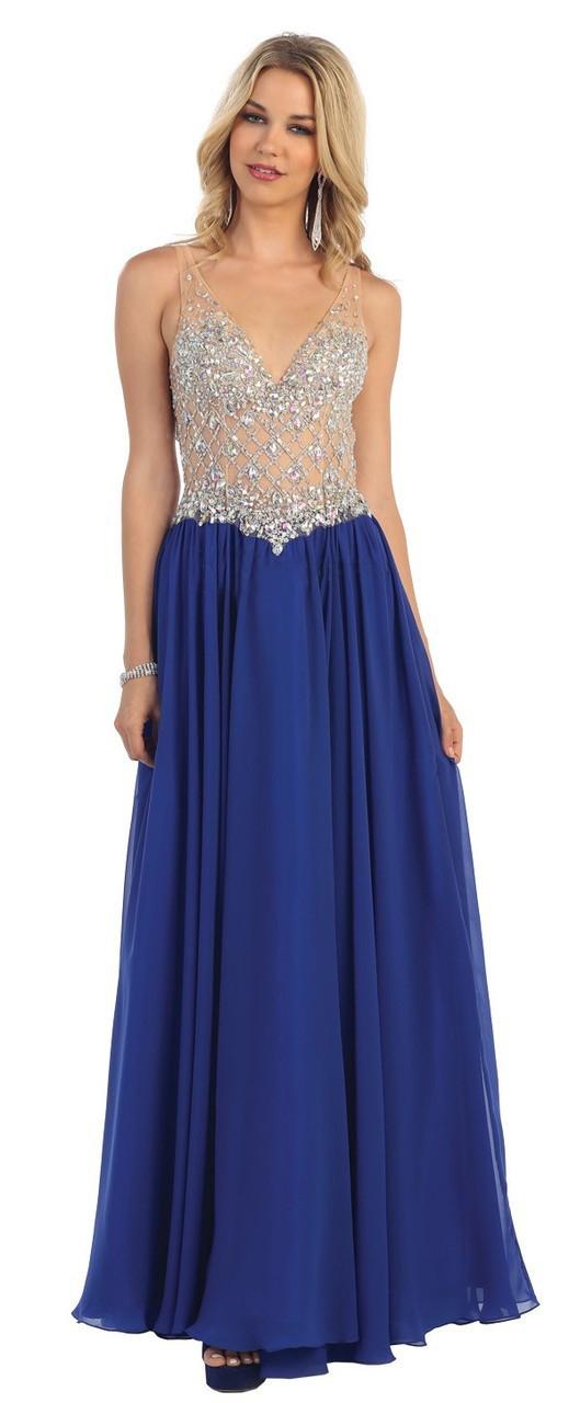 May Queen - Bejeweled Deep V-neck A-line Dress Rq7262