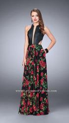 La Femme - Enthralling Halter Floral Print A-line Long Evening Gown 24273