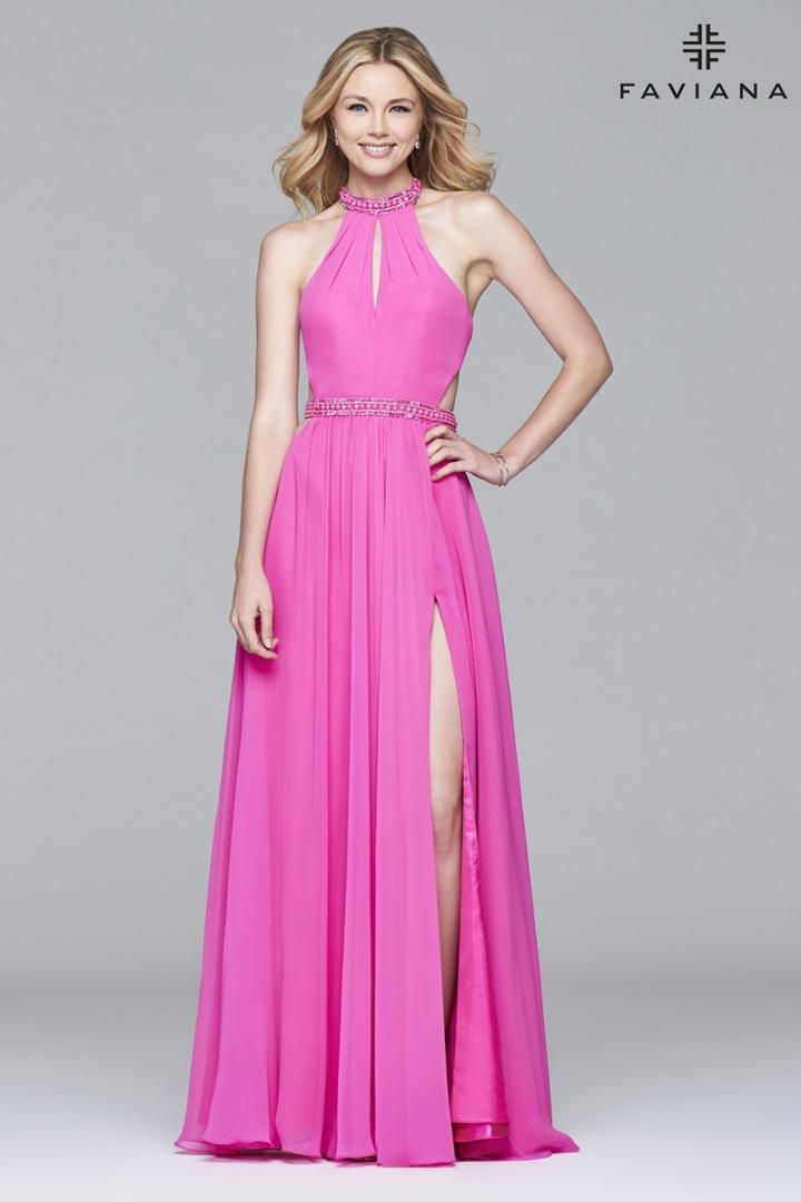 Faviana - 7991 Long Chiffon Halter Dress With Beaded Trim