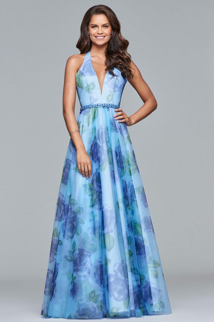 Faviana - S10036 Floral Printed Deep V-neck A-line Dress